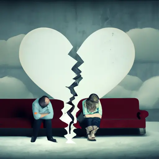 An image showcasing a couple sitting on opposite ends of a clenched, broken heart-shaped couch, surrounded by an invisible wall of unspoken frustrations and a dense cloud of resentment