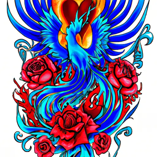 An image showcasing a vibrant, intricate tattoo sleeve design, featuring a majestic phoenix rising from a bed of vibrant red roses, symbolizing passion and rebirth, surrounded by swirling blue waves representing tranquility and spiritual growth