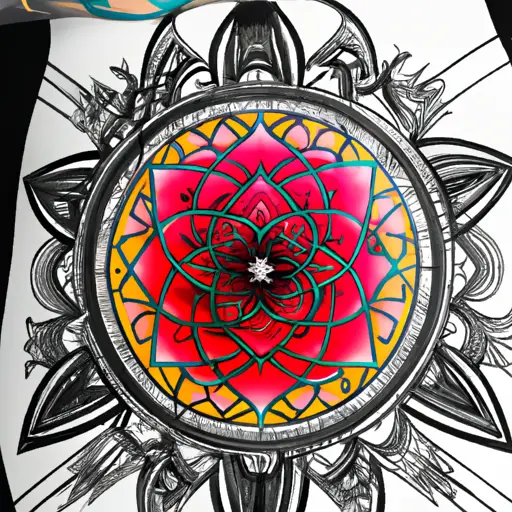 An image showcasing a vibrant, intricately designed tattoo sleeve with a mix of black and red ink