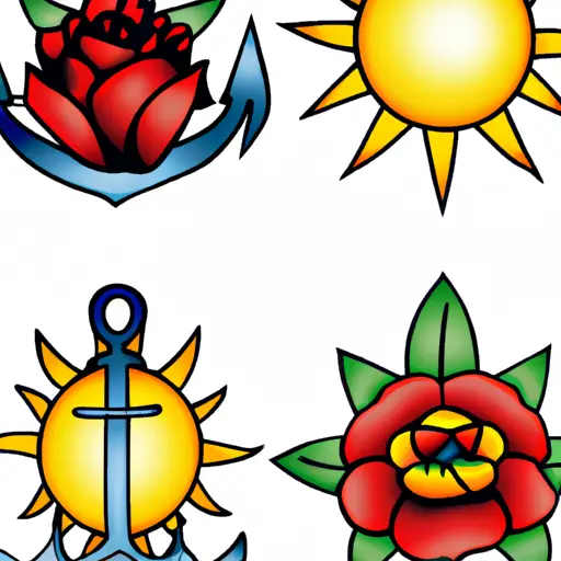An image featuring various tattoo symbols in vibrant colors: a red rose for love, a blue anchor for stability, a green lotus for rebirth, and a yellow sun for vitality