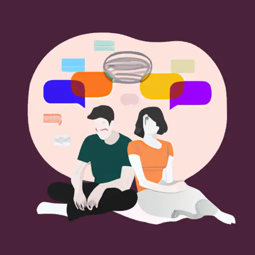 An image depicting a couple sitting together, engaged in deep conversation, surrounded by speech bubbles filled with various symbols representing different communication styles, like listening, empathy, validation, and compromise