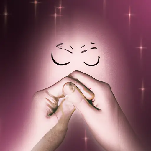 An image showcasing a couple holding hands, eyes closed, smiling, surrounded by a soft glow