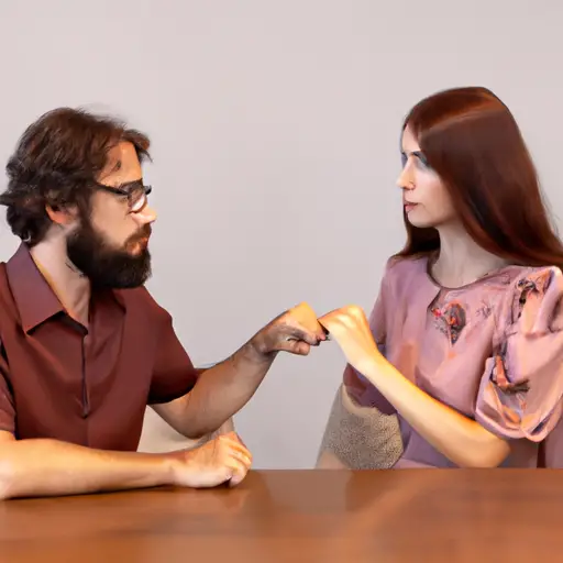 An image that depicts a couple peacefully sitting at a negotiation table, holding hands, with each expressing their thoughts through facial expressions and body language, symbolizing effective conflict management for engaged couples