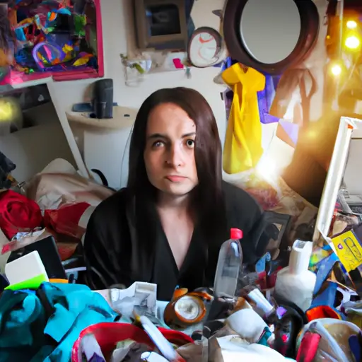 An image of a woman surrounded by a cluttered room, her weary eyes reflecting exhaustion