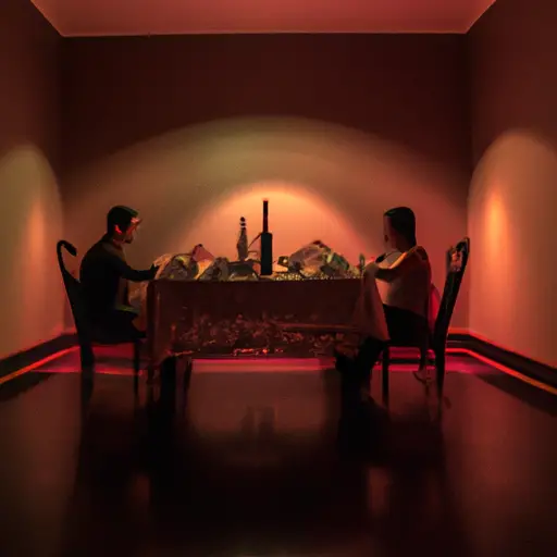 An image showcasing a couple sitting at opposite ends of a long, empty dinner table