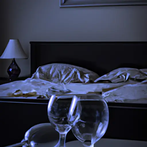 An image capturing the emotional and physical toll of a sexless marriage: A desolate bedroom, dimly lit with an unmade bed, empty wine glasses, and a shattered mirror reflecting the pain and isolation felt by both partners