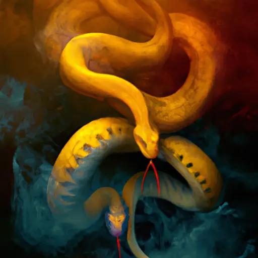 An image showcasing two intertwined snakes, one with venomous fangs and the other emitting toxic smoke, symbolizing the most toxic zodiac sign couples in astrology