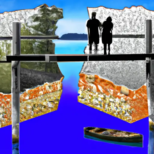 An image that portrays a couple standing on opposite ends of a broken bridge, symbolizing the fragility of trust in marriage