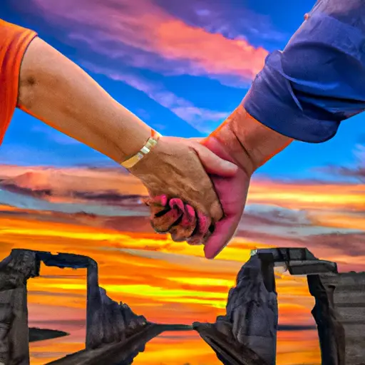 An image depicting a couple standing on a crumbling bridge, their intertwined hands symbolizing trust, while in the background, a vibrant sunset represents the strength and resilience needed to maintain trust over time
