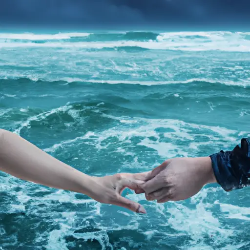 An image of a couple tenderly holding hands amidst a stormy sea, symbolizing the unwavering strength of trust and emotional connection needed to protect a marriage from the temptations of adultery