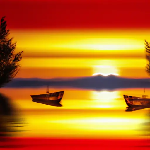 An image of a fiery sunset casting vibrant hues across a serene lake, where two distinct boats sail side by side