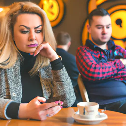 An image of a woman sitting alone at a cafe, her furrowed brow and intense gaze fixated on her phone screen, while a disinterested guy looks away, subtly checking his watch, emphasizing the negative impact of overanalyzing