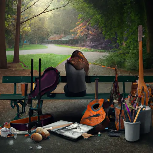 An image showcasing a woman sitting alone on a park bench, surrounded by untouched art supplies, abandoned sports equipment, and neglected musical instruments, symbolizing the loss of self-interests in relationships