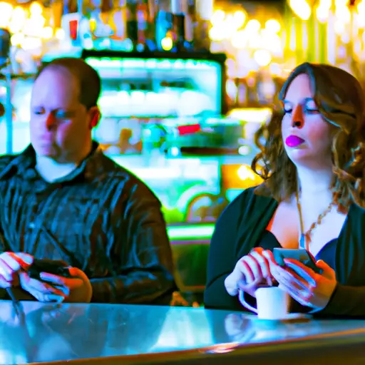 An image showcasing a woman checking her phone obsessively, while a disinterested guy sits across, arms crossed, in a dimly lit coffee shop