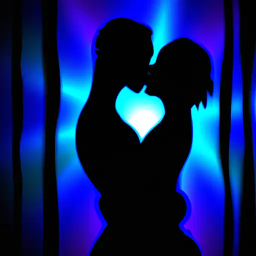 A vivid image of two silhouetted figures embracing in a dimly lit room, their lips poised for a passionate kiss