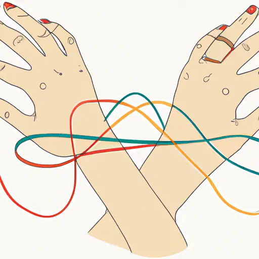 An image showcasing two intertwined hands, each with a different colored wristband symbolizing a couple's union