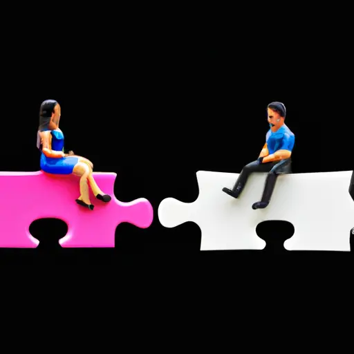An image showcasing a couple sitting on opposite ends of a seesaw, each holding a puzzle piece