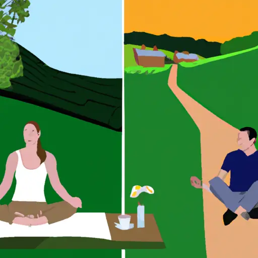 An image showcasing a couple indulging in separate self-care activities, like the wife meditating peacefully in a serene garden, while the husband jogs with determination along a scenic path