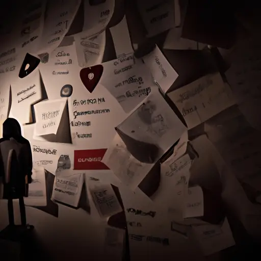 An image of a solitary figure standing in a dimly lit room, surrounded by scattered photographs and tear-stained letters