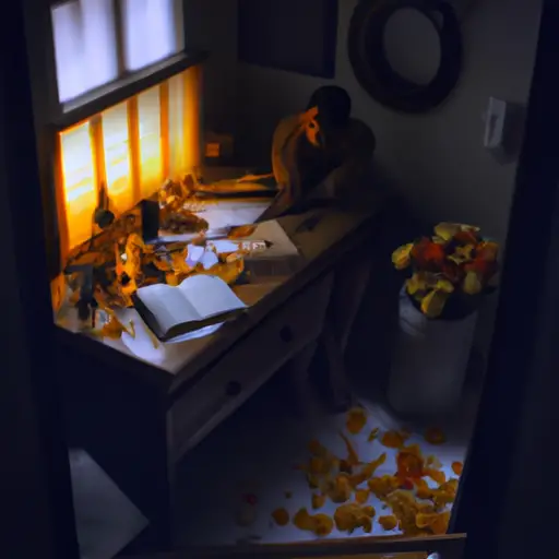 An image capturing a solitary figure surrounded by a dimly-lit room filled with scattered photographs, wilted flowers, and an open journal, symbolizing the painful truths of losing a loved one and the journey of coping with death