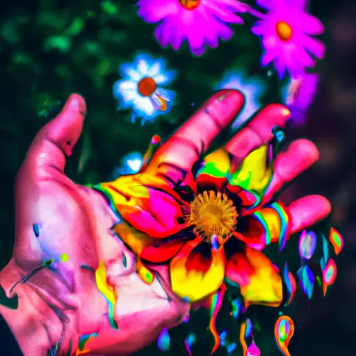 An image showcasing a person surrounded by vibrant, swirling colors, their outstretched hand radiating energy as they touch a wilting flower, conveying the heightened sensitivity and ability to physically feel the emotions and ailments of others
