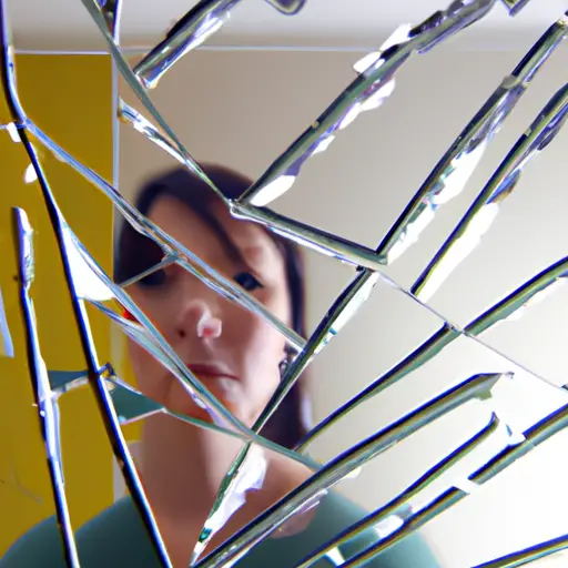 An image of a person standing in front of a mirror, their reflection distorted by shattered glass, symbolizing the discomfort of increased self-awareness