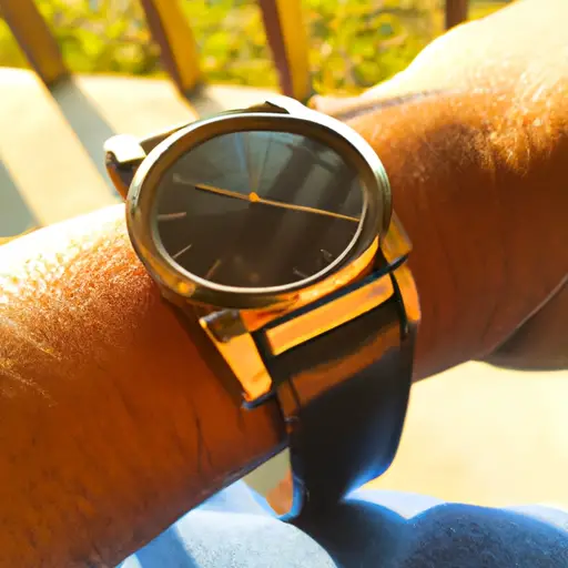 An image showcasing a sleek wrist adorned with a minimalist stainless steel watch, its silver bezel gleaming under the warm sunlight