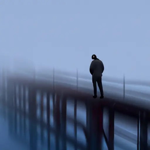 An image of a person standing alone on a crumbling bridge, surrounded by a dense fog