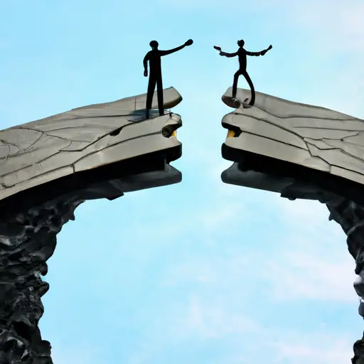 An image depicting two people standing on opposite sides of a broken bridge, representing the divide caused by control freak tendencies