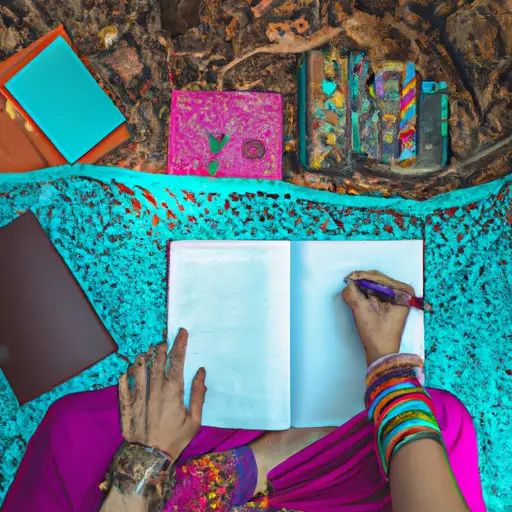 An image of a person sitting cross-legged in a serene natural setting, surrounded by a vibrant array of colorful journals and pens, their hand gracefully gliding across the pages, capturing the intuitive messages flowing from the universe