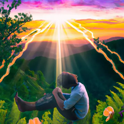 An image showcasing a person sitting cross-legged on a mountaintop at sunrise, surrounded by vibrant flora and fauna