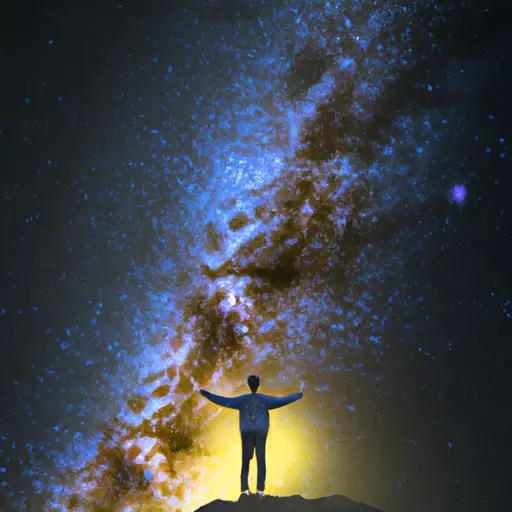 An image showcasing a serene night sky filled with countless twinkling stars, while a person stands on a mountaintop, arms outstretched, connecting to the universe through beams of shimmering light