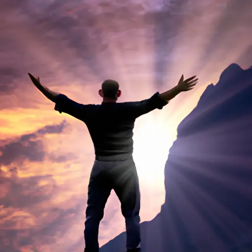 An image that depicts a person standing confidently on a mountaintop, arms outstretched, with rays of sunlight beaming down on them, symbolizing the journey of building self-esteem and self-confidence in a relationship