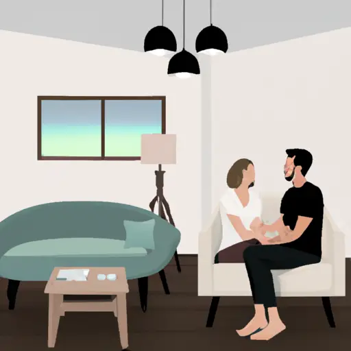 An image depicting a serene couple sitting on a cozy couch inside a therapist's office, surrounded by soft lighting and walls adorned with soothing artwork, illustrating the importance of seeking professional help for relationship insecurities