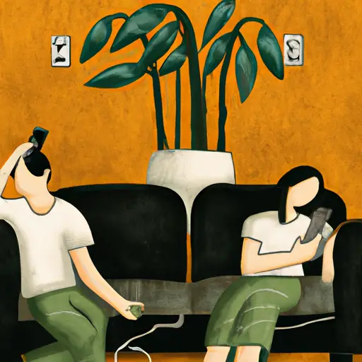 An image of a couple sitting on opposite ends of a couch, engrossed in their phones, while a neglected plant in the background wilts