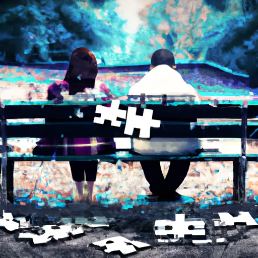 An image that portrays a couple sitting back-to-back on a broken bench, their body language reflecting sadness and distance