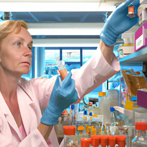 An image featuring a research nurse in a brightly lit lab, donning protective gloves and a lab coat