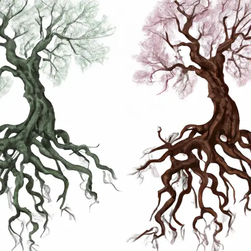 An image of two intertwined trees, one vibrant and flourishing, the other withering and overshadowed