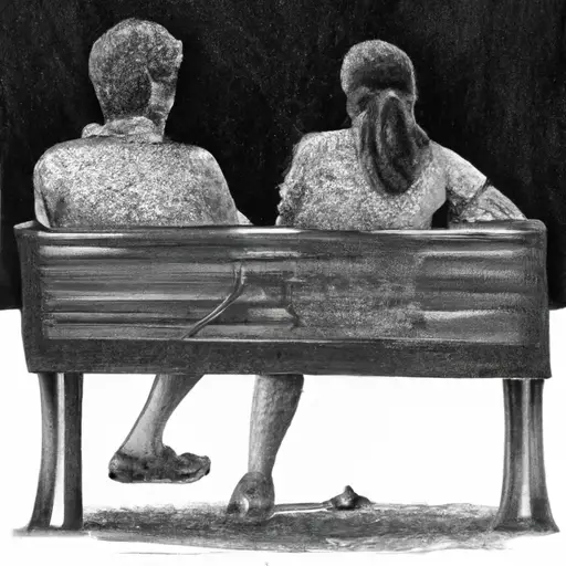 An image showcasing a couple sitting back-to-back on a park bench, each engrossed in their own activities