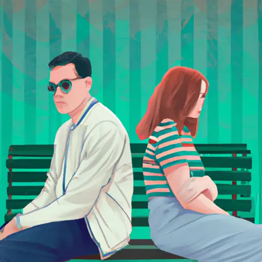 An image that captures the essence of jealousy in a relationship: a subdued palette of cool blues and greens, a couple sitting on opposite ends of a park bench, their eyes locked in a mixture of longing and suspicion