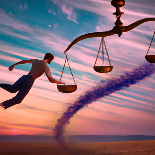 An image showcasing a Libra man gracefully floating away from a puzzled partner, leaving a trail of delicate scales and a vibrant sunset backdrop, symbolizing the feelings of uncertainty and longing