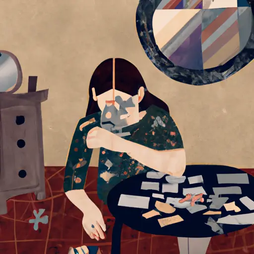 An image showcasing a woman sitting alone in a cozy living room, surrounded by scattered puzzle pieces