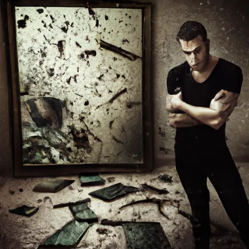 An image showcasing a desolate, dark room with shattered mirrors reflecting a brooding Scorpio man, his intense gaze revealing a hint of mystery and a stormy aura that permeates the scene