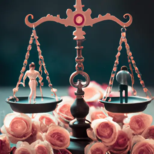 An image showcasing a Libra man and his partner, standing on opposite sides of a vintage, intricately balanced scale adorned with blooming roses, symbolizing the harmonious love shared between them