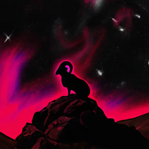 An image of an Aries sitting on a mountaintop, their fiery aura dimmed, gazing into a starlit sky