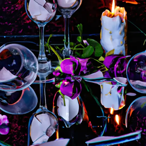 An image capturing the raw aftermath of a Scorpio breakup: two shattered wine glasses lie on a cracked mirror, reflecting a dimly lit room filled with smoky candles and wilted roses