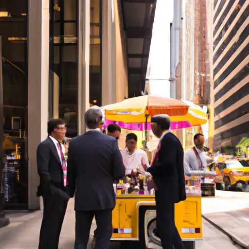 the vibrant energy of Manhattan's bustling streets as a diverse group of stylish men gather around a charming coffee cart