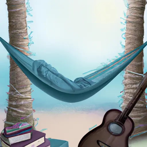 An image of a serene beach setting with a comfortable hammock swaying between two palm trees, where a content Pisces lays, lost in their daydreams, surrounded by books, art supplies, and a guitar