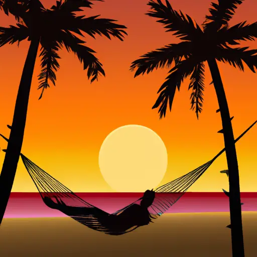 An image depicting a serene beach scene, with a lone figure lounging on a hammock strung between two palm trees