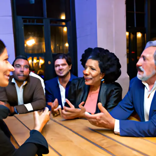 An image showcasing a dynamic scene: a Gemini engrossed in a stimulating conversation, surrounded by a diverse group of individuals